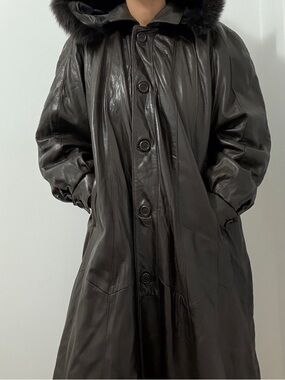 Women's or men Dark Brown Leather Hooded Coat with removable Fur Trim
